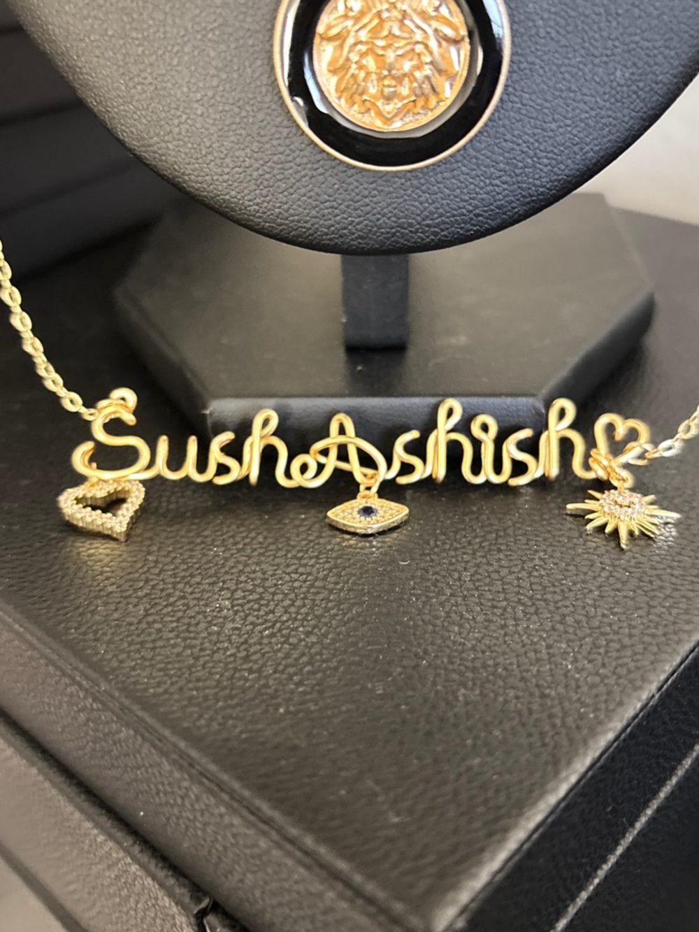 Handmade Gold Nameplate Necklace with Custom Script and Charms - Gold